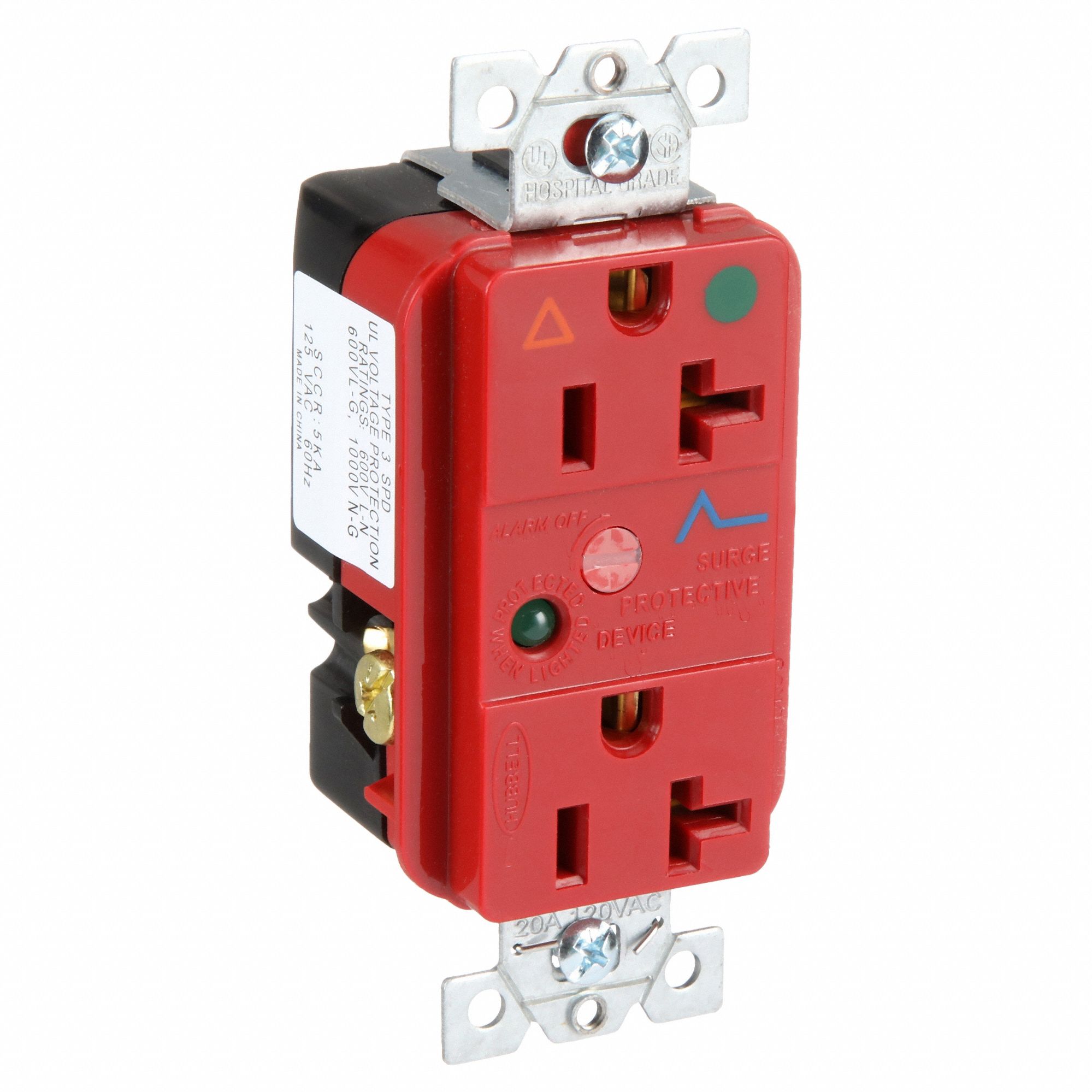 Receptacle: Duplex, 5-20R, 20 A, 125V AC, Red, 2 Pole / 3 Wire Poles & Wires, Screw Terminals