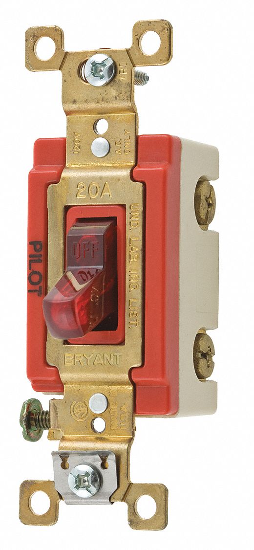 BRYANT Pilot Light Wall Switch, 1-Pole, Maintained, Toggle - 52HE62