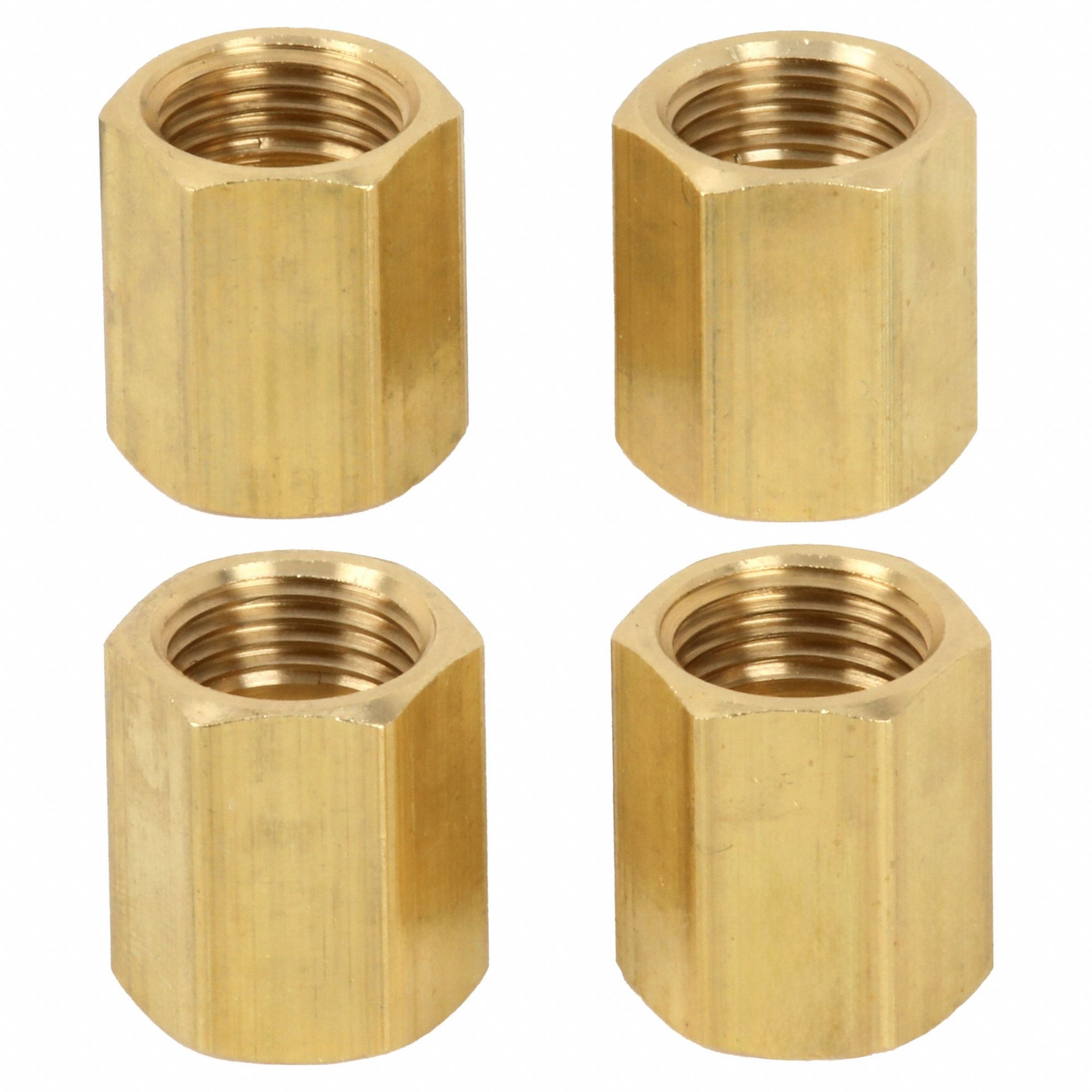 Brake Line Union: Inverted Flare Union, 7/16"-24 Thread Size, Brass, 1/4 in Outside Dia, 4 PK