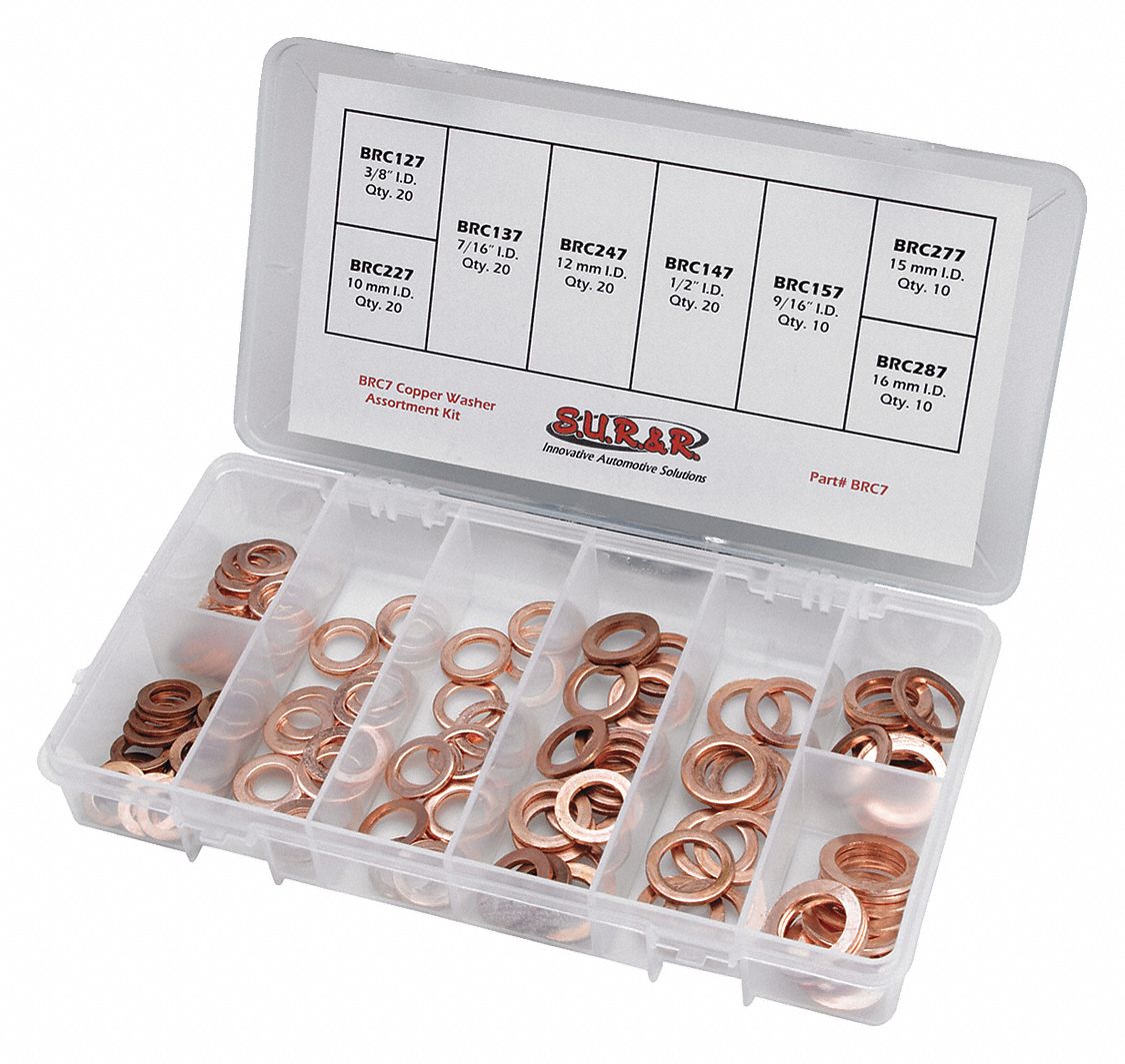 SUR&R, Washer, Copper, Brake Line Washer Assortment Kit 52HH33BRC7 Grainger