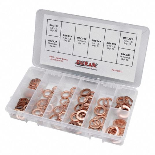 SUR&R Brake Line Washer Assortment Kit, Copper 52HH33BRC7 Grainger