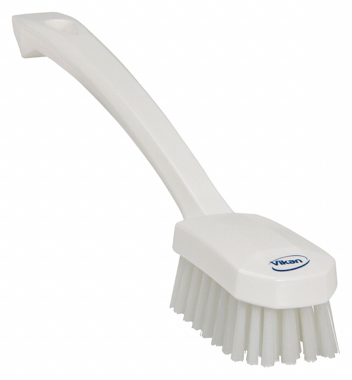 Scrub Brush: Medium, Plastic, 3 in Brush Lg, 7 3/4 in Handle Lg, 1 5/8 in Head Wd, White