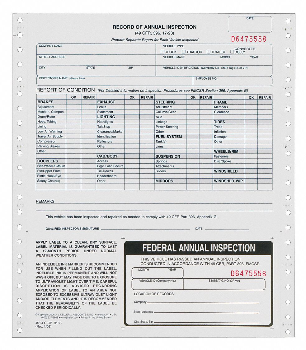 Lot of 120 JJ Keller 400MP Carbonless Annual Vehicle Inspection Form and Label 