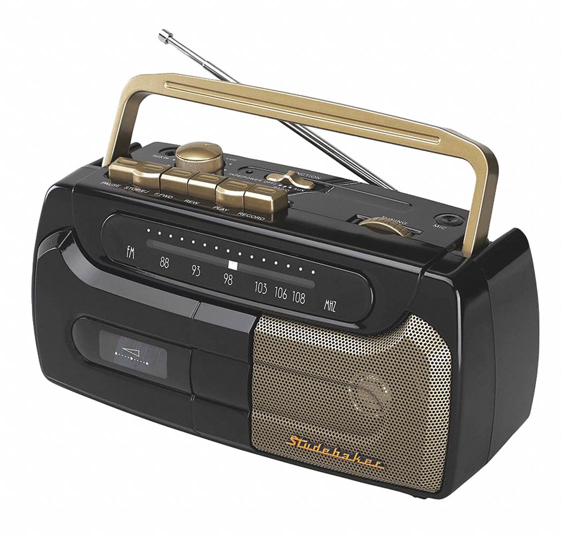 Cassette Player Recorder: AC, 0 Alarms, Black, Black, 6 in Radio Overall Wd, 6 in Radio Overall Dp
