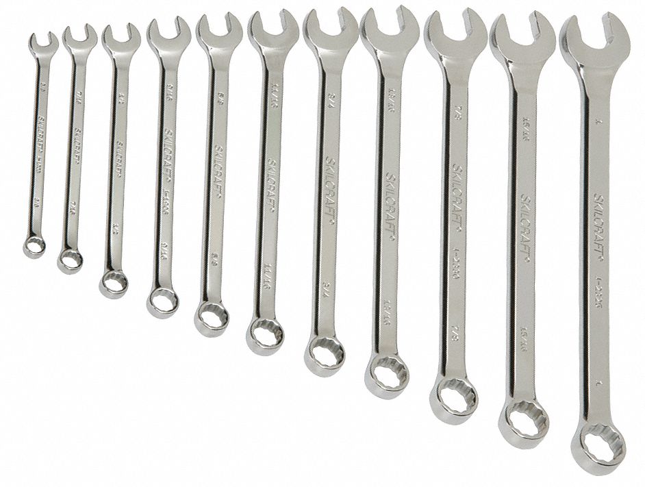 COMBINATION WRENCH SET, ALLOY STEEL, CHROME, 10 TOOLS, 7.5 &deg;  HEAD OFFSET ANGLE, OFFSET