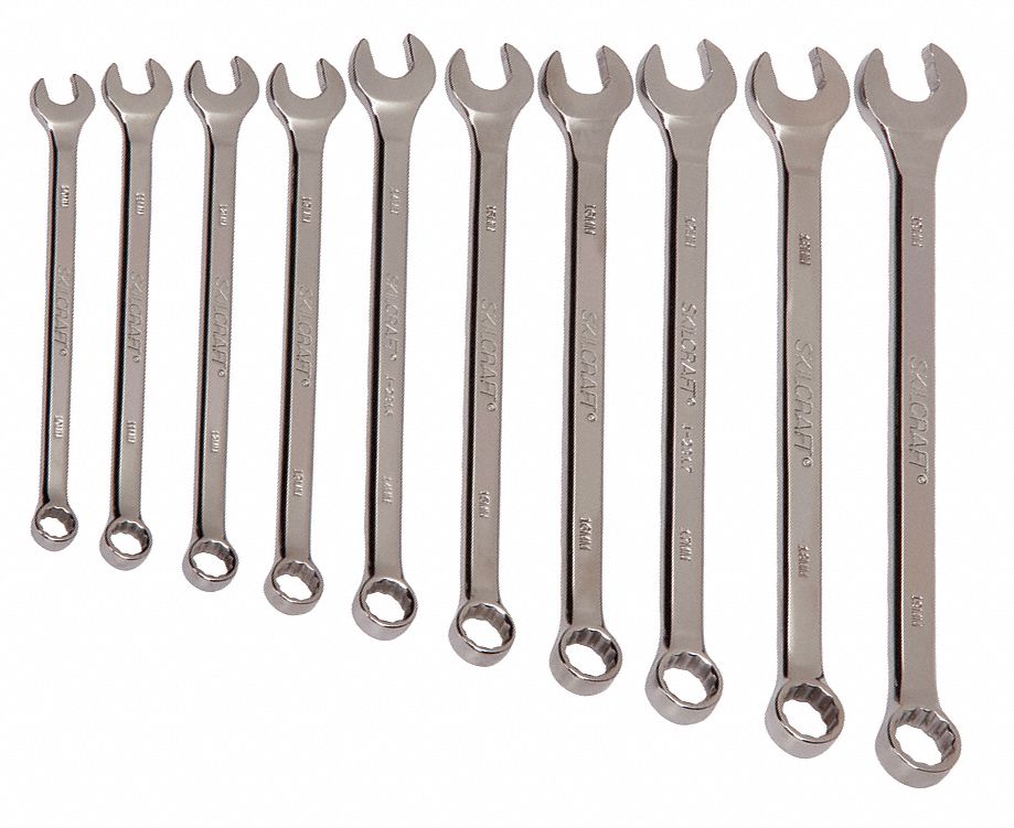 Combination Wrench Set: Alloy Steel, Chrome, 11 Tools, 7.5° Head Offset Angle, Offset