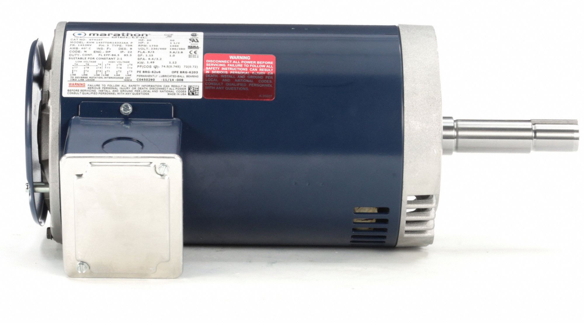 MARATHON MOTORS CloseCoupled Pump Motor, 2 HP, 3Phase, Nameplate RPM