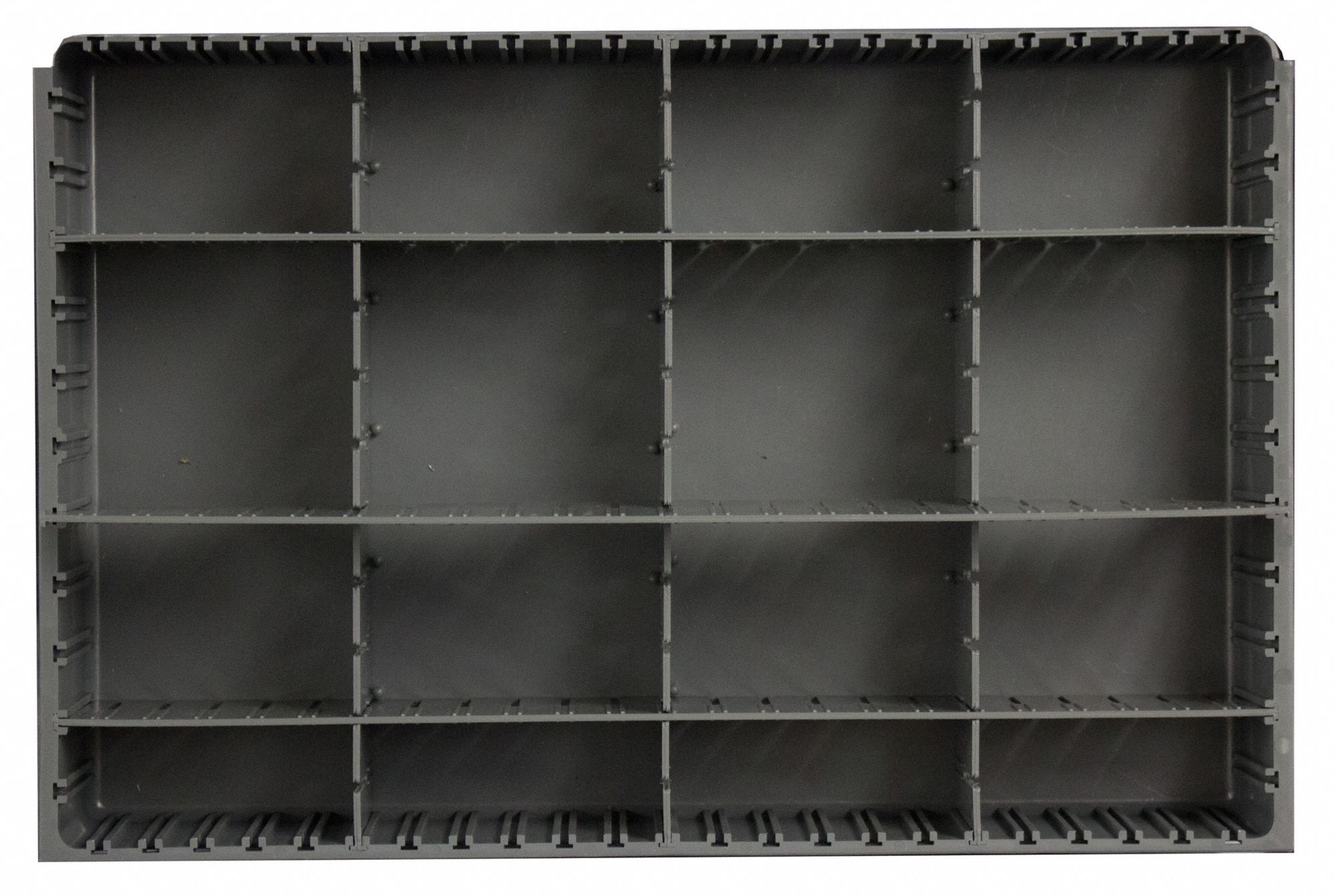 COMPARTMENT DRAWER INSERT, 18 IN X 12 IN X 3 IN, 16 COMPARTMENTS, 6 DIVIDERS, GREY