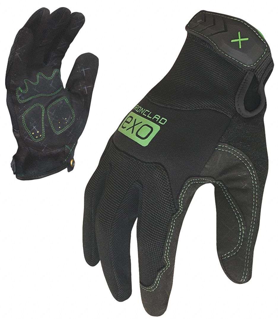 GLOVES, IMPACT RESIST, ANTI-ABR, FULL FINGER, M/8, BLK/GRN, SYNTH LEATHER/NEOPRENE/NYLON/FOAM/TPR