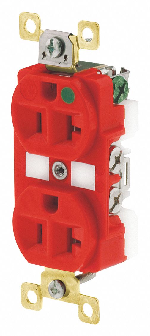 RECEPTACLE, DUPLEX, 5-20R, 20 A, 125V AC, RED, 2 POLE/3 WIRE POLES AND WIRES