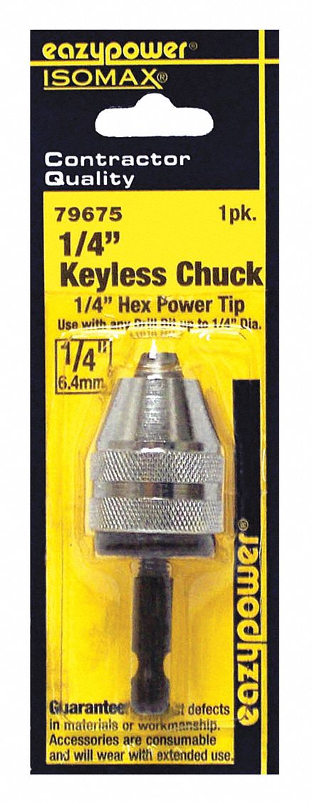 DRILL CHUCK, KEYLESS, 1/4 IN CAPACITY, JACOBS TAPER, STEEL, 1/4 IN MIN, 1/4 IN MAX