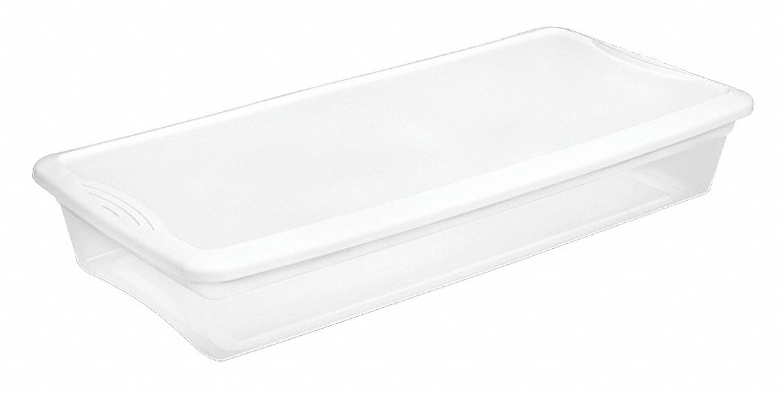 Storage Tote: 10.3 gal, 34 7/8 in x 16 5/8 in x 6 1/8 in, Clear Body, White Lid, White