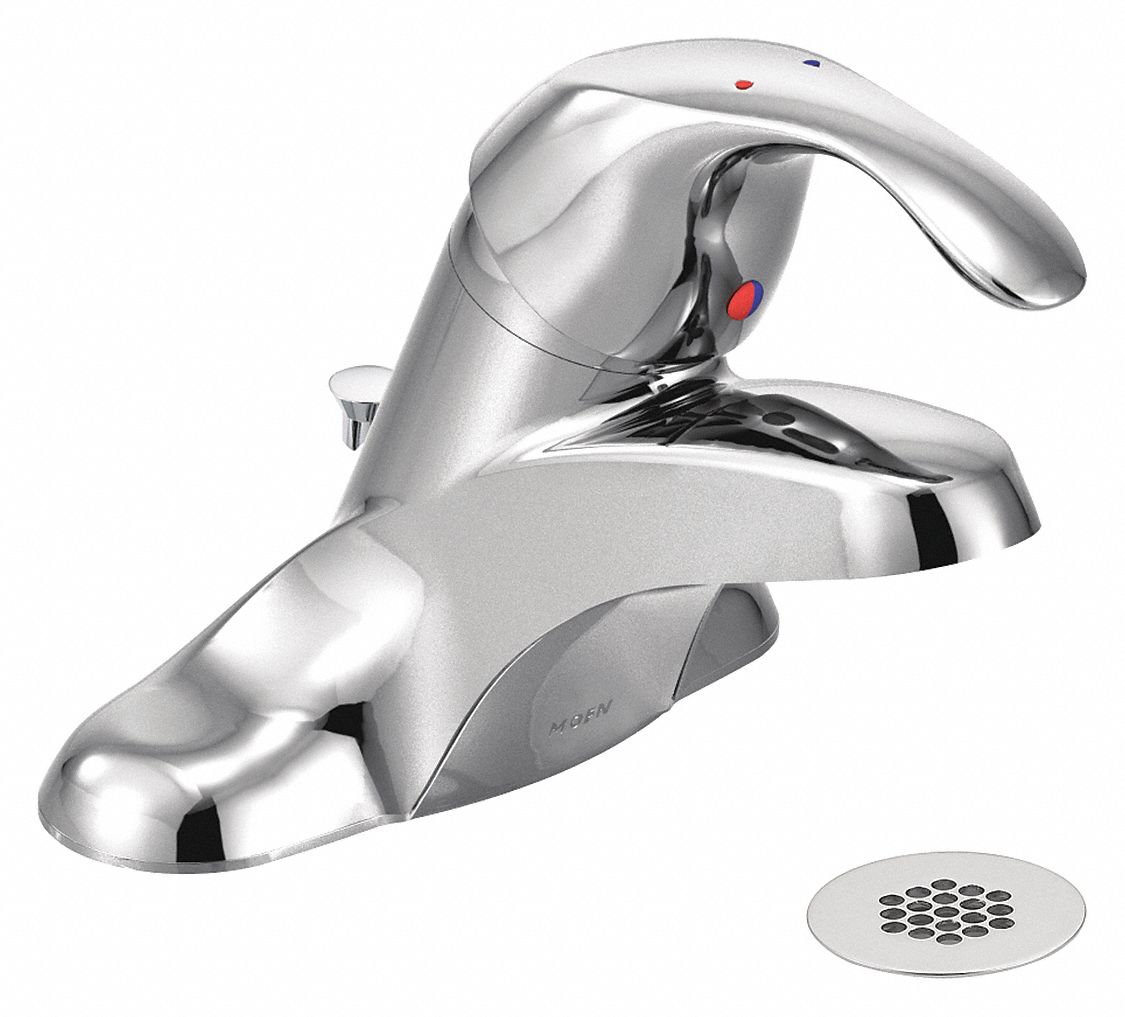 LOW ARC BATHROOM FAUCET: MOEN, M-BITION, CHROME FINISH, 2.2 GPM FLOW RATE