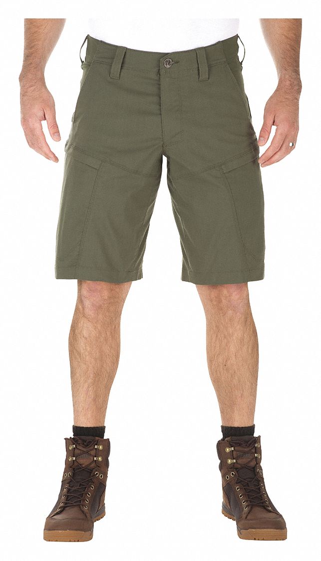 Tactical Shorts: Olive Green, 36 in Waist, 11 in Inseam, 31% Cotton/69% Polyester Material