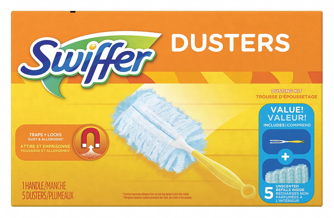Duster Starter Kit: Nonwoven Head, Plastic Handle, 7 3/4 in Lg, Yellow/White/Blue, 6 PK
