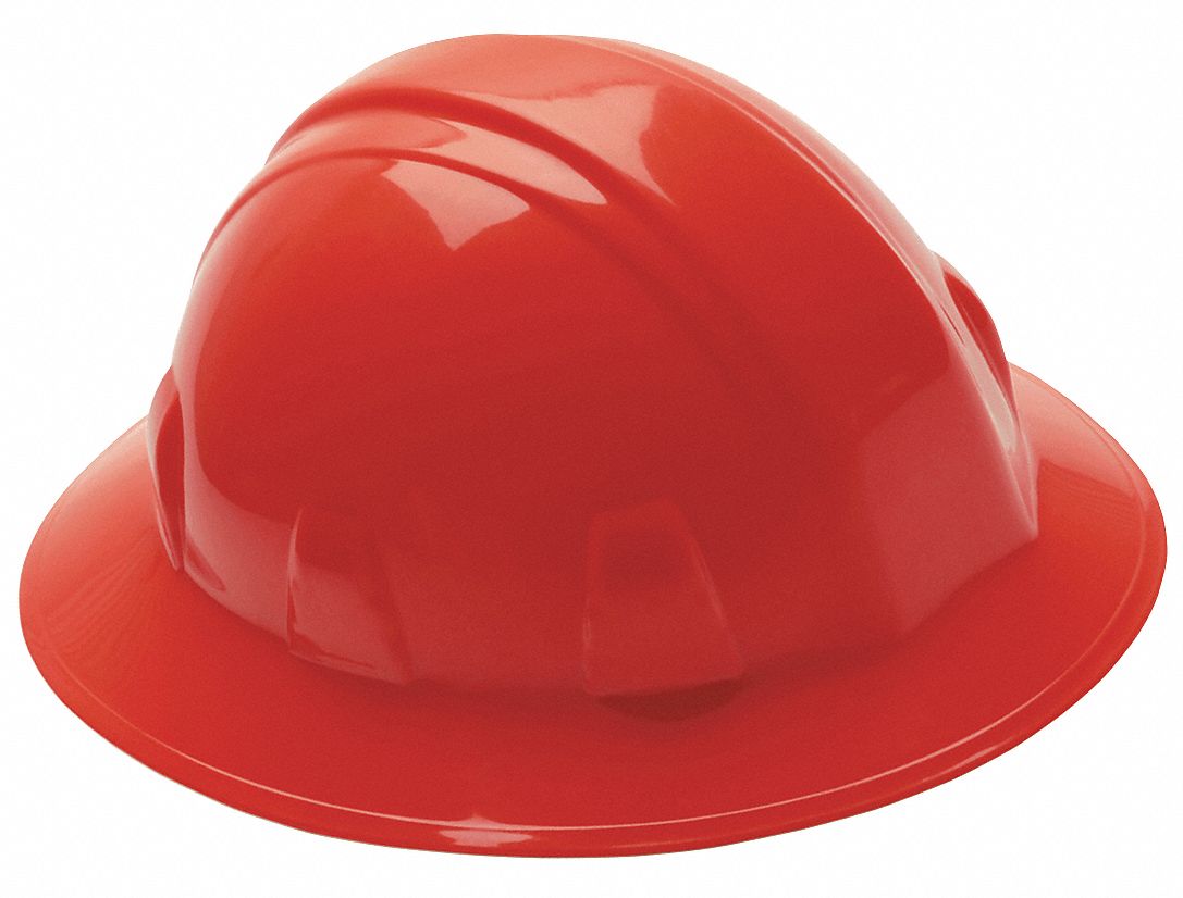 HARD HAT, CSA, TYPE 1, CLASS C/E/G, PE, 4-PT RATCHET, FULL BRIM, RED, SIZE 6½ TO 8