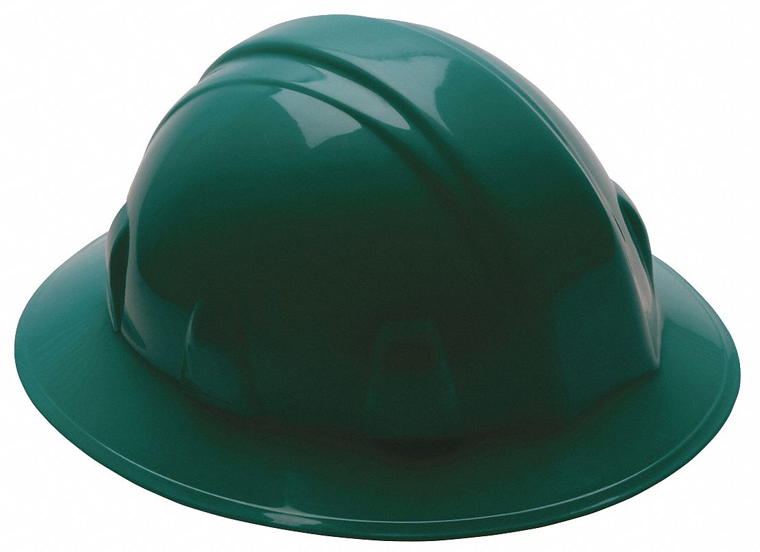 HARD HAT, CSA, TYPE 1, CLASS C/E/G, PE, 4-PT RATCHET, FULL BRIM, GREEN, SIZE 6½ TO 8