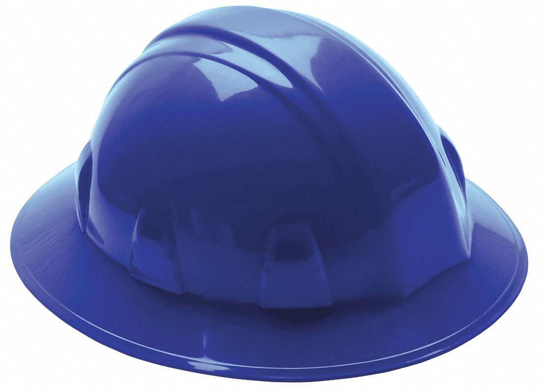 HARD HAT, CSA, TYPE 1, CLASS C/E/G, PE, 4-PT RATCHET, FULL BRIM, BL, SIZE 6½ TO 8