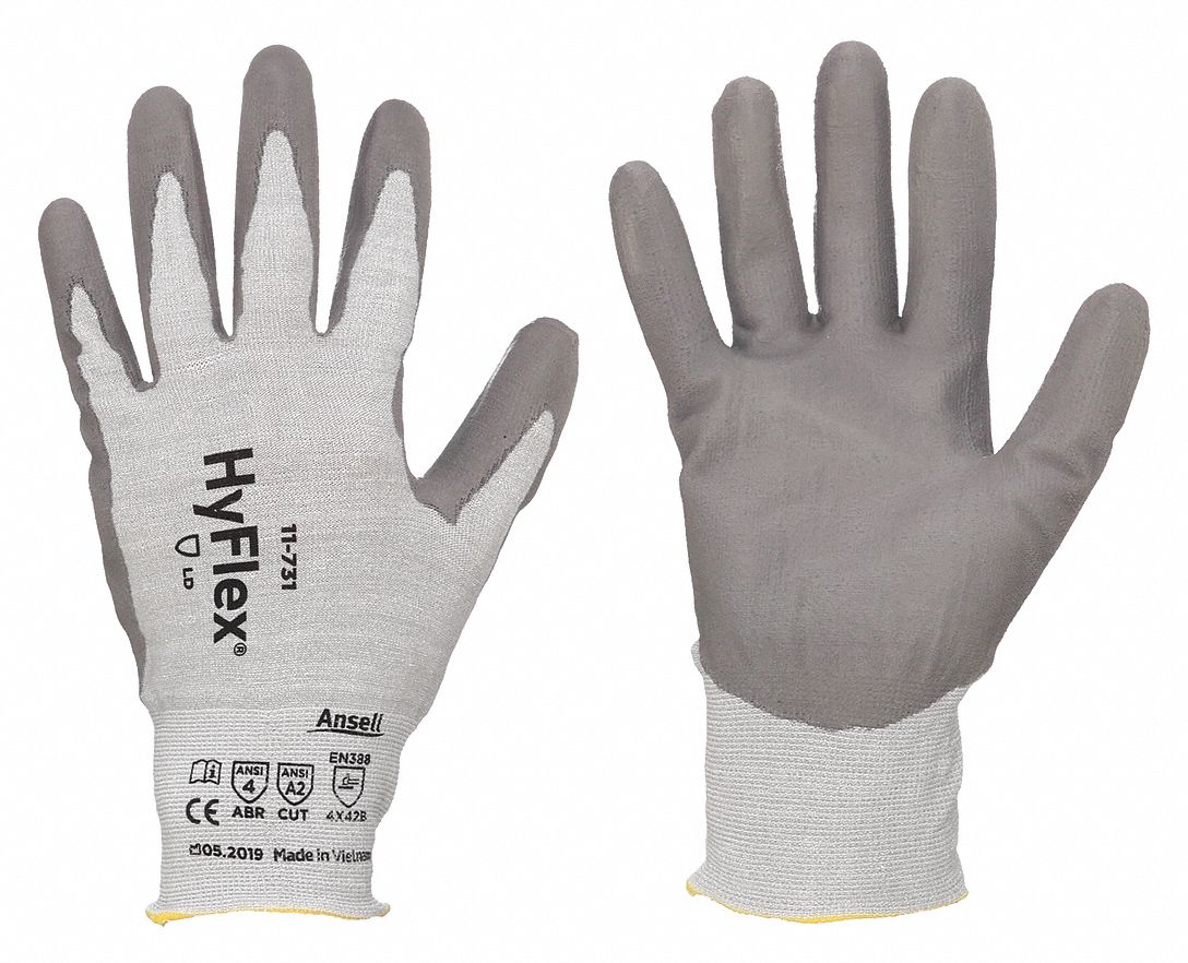 COATED GLOVES, M (8), ANSI CUT LEVEL A2, DIPPED PALM, PUR, SANDY, GREY