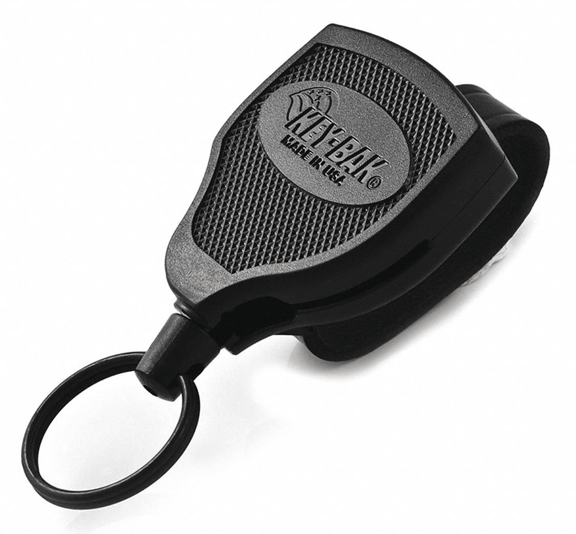 KEYBAK Key Reel Leather Loop, Plastic, Black, Keys, 1 1/4 in Ring Dia