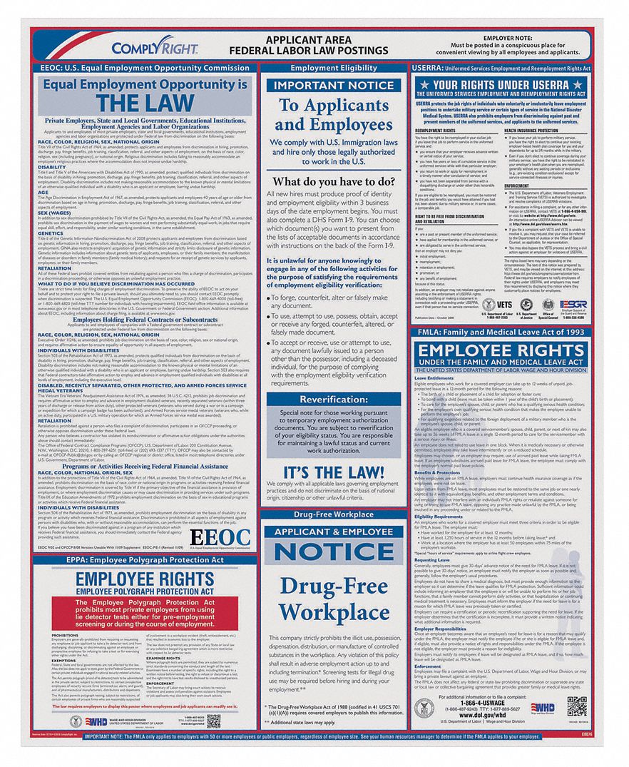 Labor Law Poster: DC, Spanish, Plastic, 20 in x 16 in, FMLA, Federal Labor Law