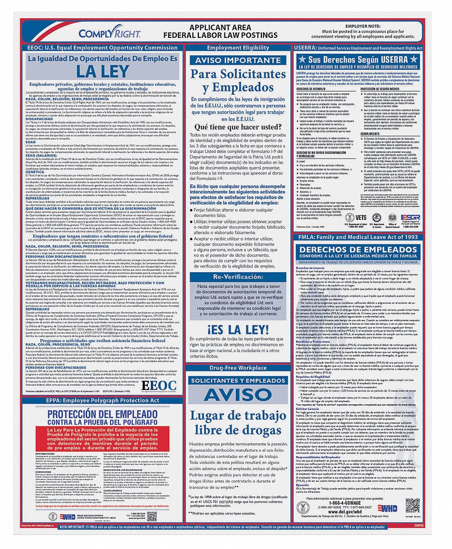 Labor Law Poster: DC, Spanish, Plastic, 20 in x 16 in, FMLA, Federal Labor Law, E0076S