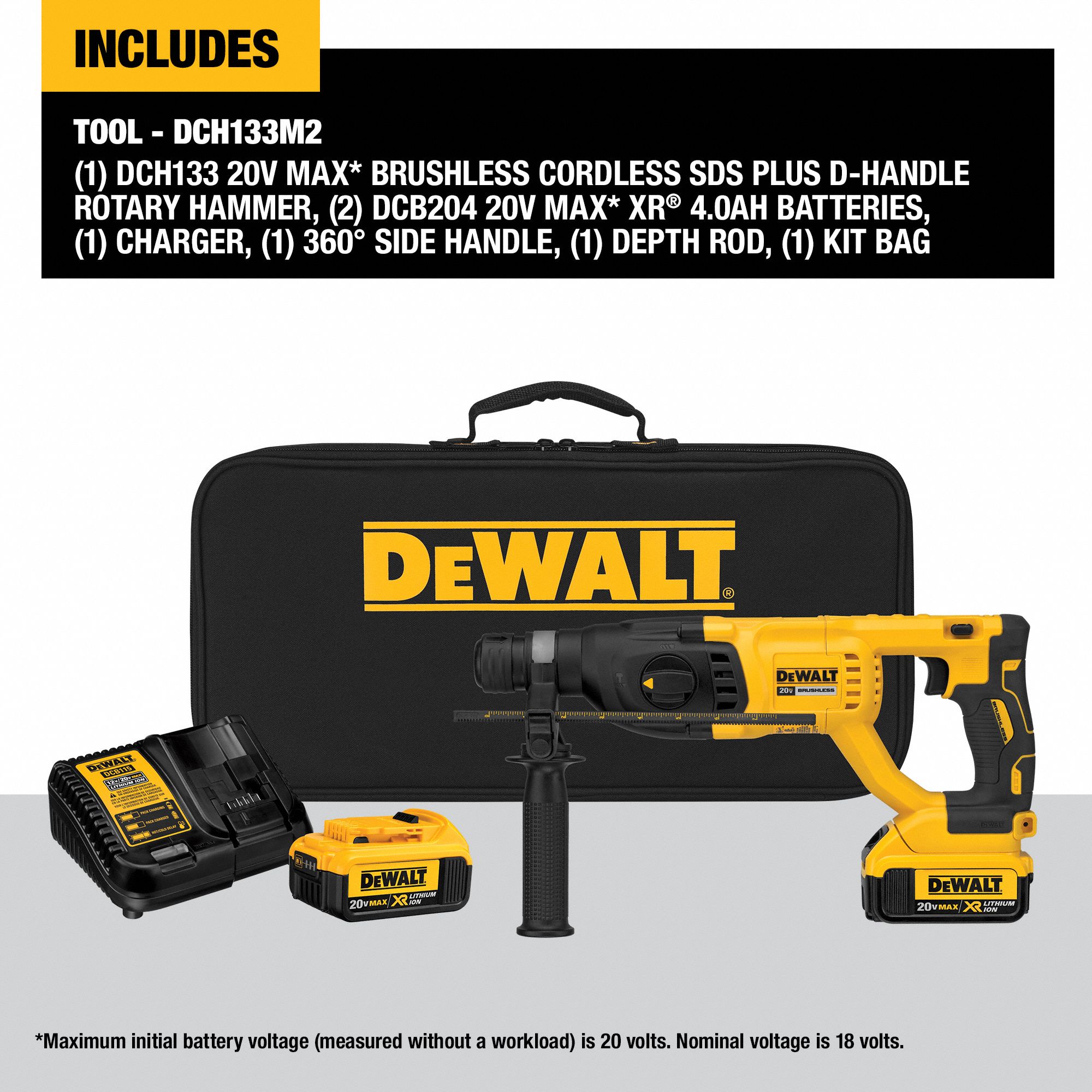 DEWALT Cordless Rotary Hammer DHandle, 20V DC, SDSPlus, 1/2 in max