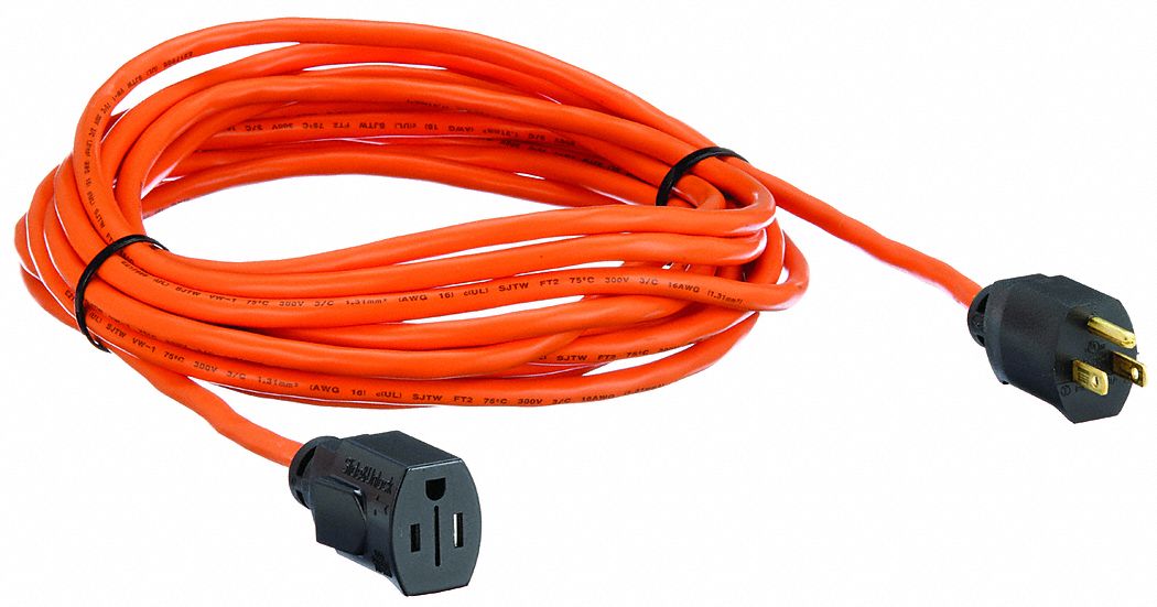 Locking Extension Cord: 25 ft Cord Lg, 16 AWG Wire Size, 16/3, SJTW, NEMA 5-15P
