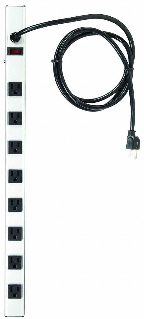 OUTLET STRIP, 8 OUTLETS, 6 FT CORD, 15 A MAX, GREY, NEMA 5-15P, POWER INDICATOR