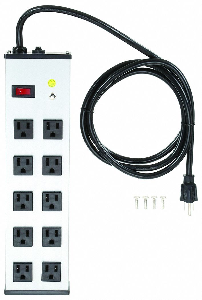 OUTLET STRIP, 10 OUTLETS, 6 FT CORD, 15 A MAX, GREY, NEMA 5-15P, ALUMINUM