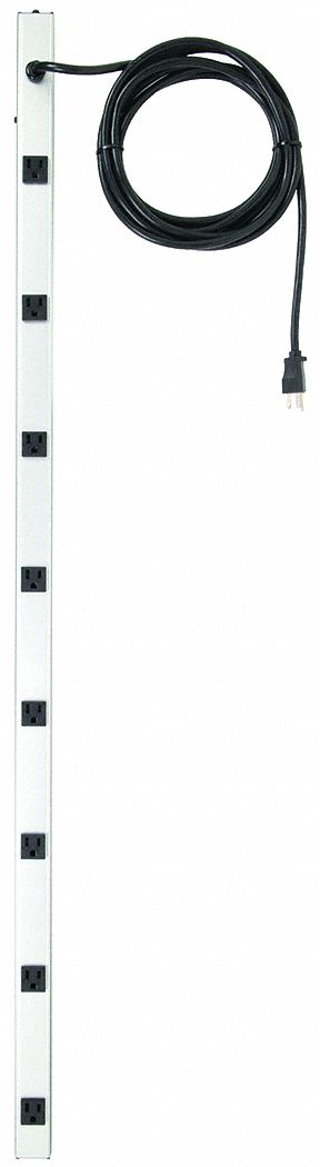 OUTLET STRIP, 8 OUTLETS, 15 FT CORD, 15 A MAX, GREY, NEMA 5-15P, ALUMINUM