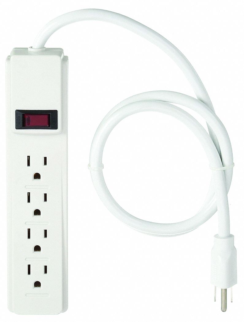 OUTLET STRIP, 4 OUTLETS, 3 FT CORD, 15 A MAX, WHITE, NEMA 5-15P