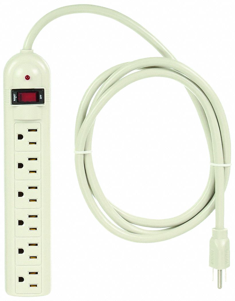 SURGE PROTECTOR OUTLET STRIP, 6 OUTLETS, NEMA 5-15R, NEMA 5-15P, 6 FT CORD, WHITE