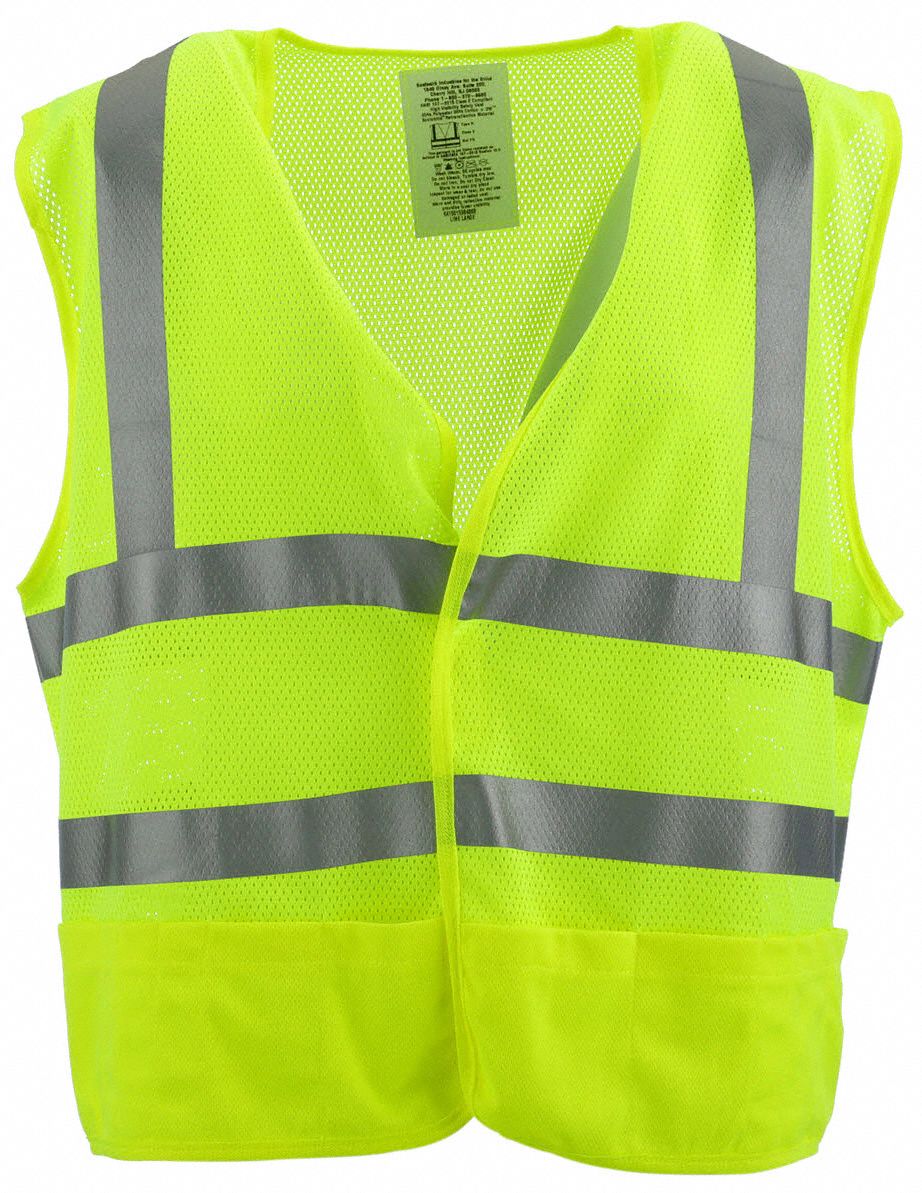 High-Visibility Vest: ANSI Class 2, U, L, Lime, Mesh Polyester, Hook-and-Loop, Double, 2