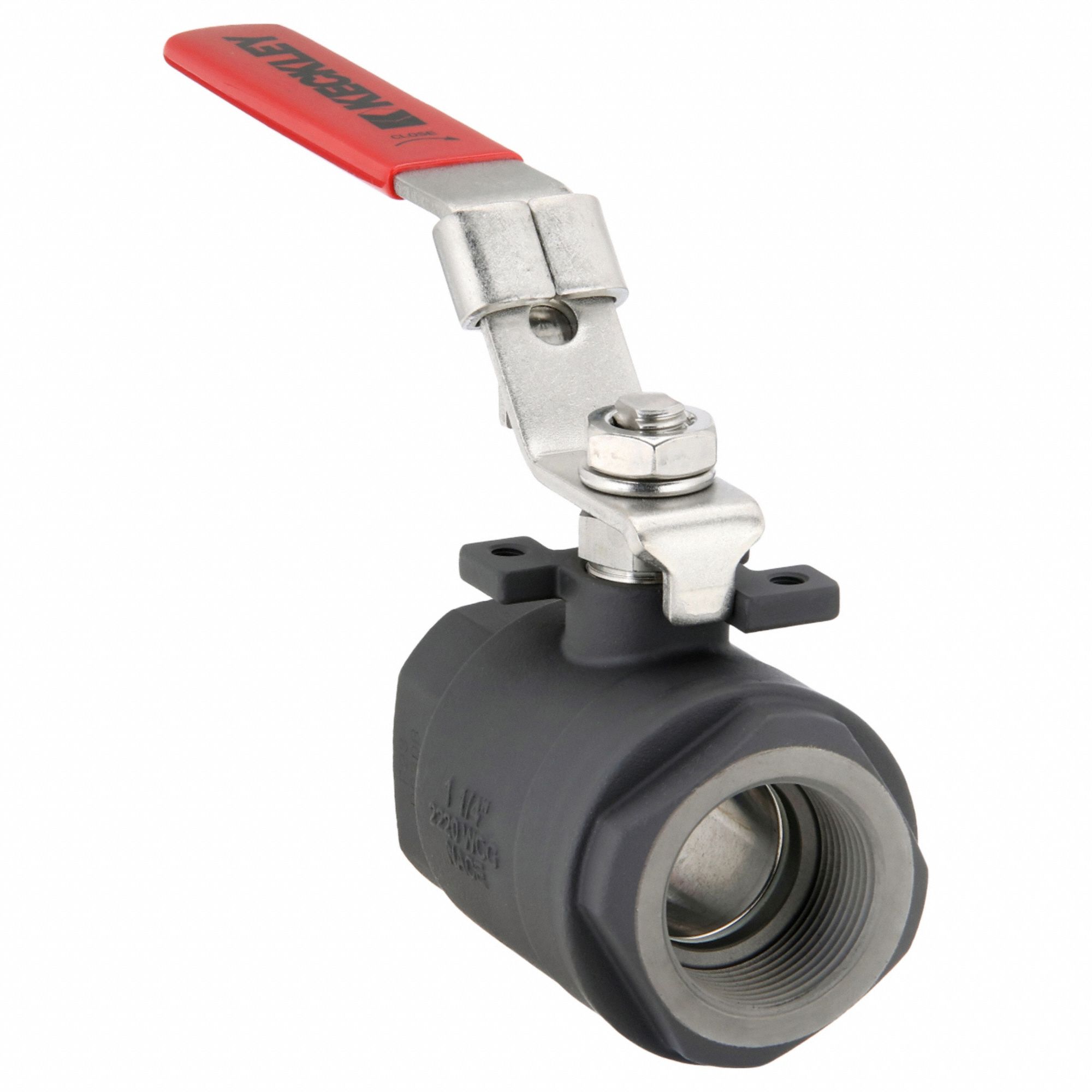 Manual Two-Way Ball Valve: 1 1/4 in, Carbon Steel, Straight, FNPT x FNPT, One-Piece