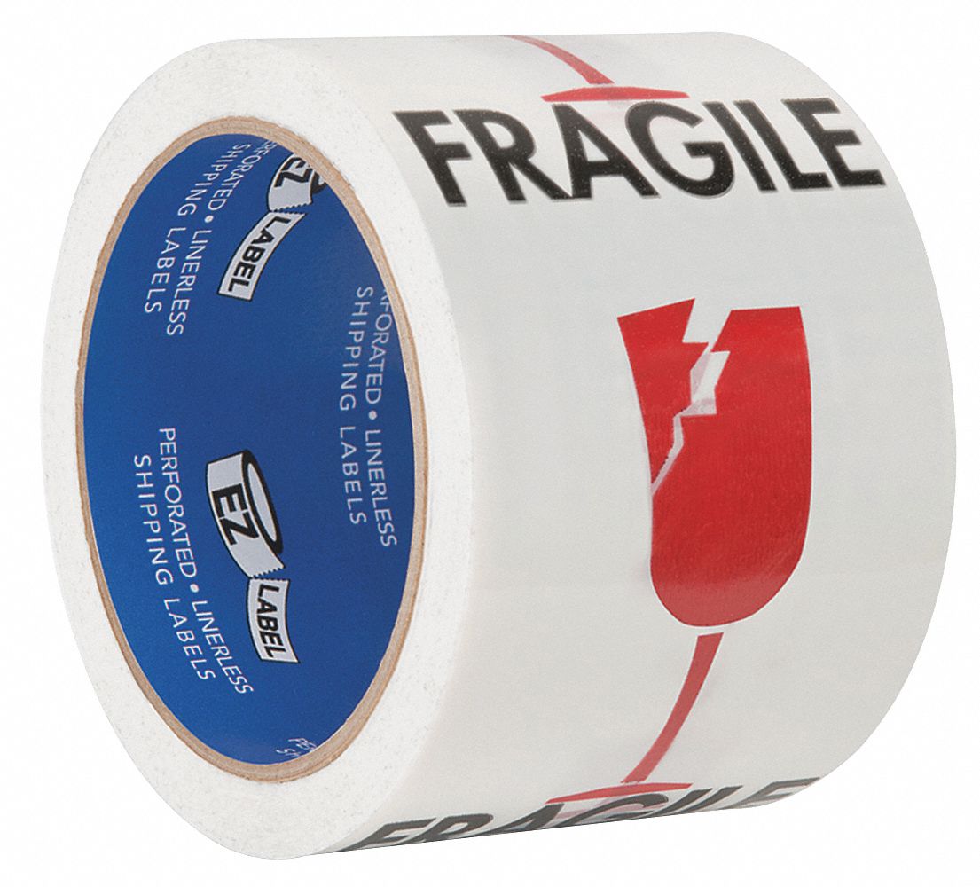 Instructional Handling Label: Fragile (Shattered Glass Graphic), 4 in Label Wd, White, 500 PK