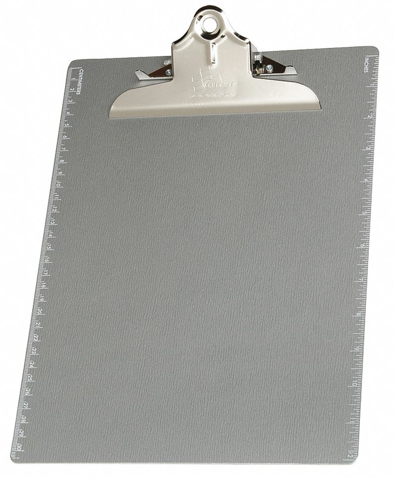 Clipboard: Letter Paper Size Name, Aluminum, 1 in Clip Capacity, 9 in Overall Wd, Silver, Aluminum