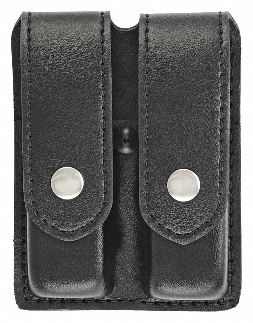 Magazine Pouch: Black, Synthetic Leather, Plain, 5 3/4 in x 1 5/16 in, Snap Closure