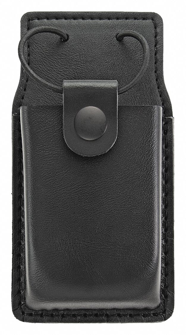 Radio Pouch: Black, Leather, Plain, 6 1/2 in x 2 1/2 in, Snap Closure