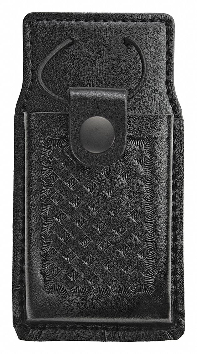 Radio Pouch: Black, Leather, Basket Weave, 6 1/2 in x 2 1/2 in, Snap Closure