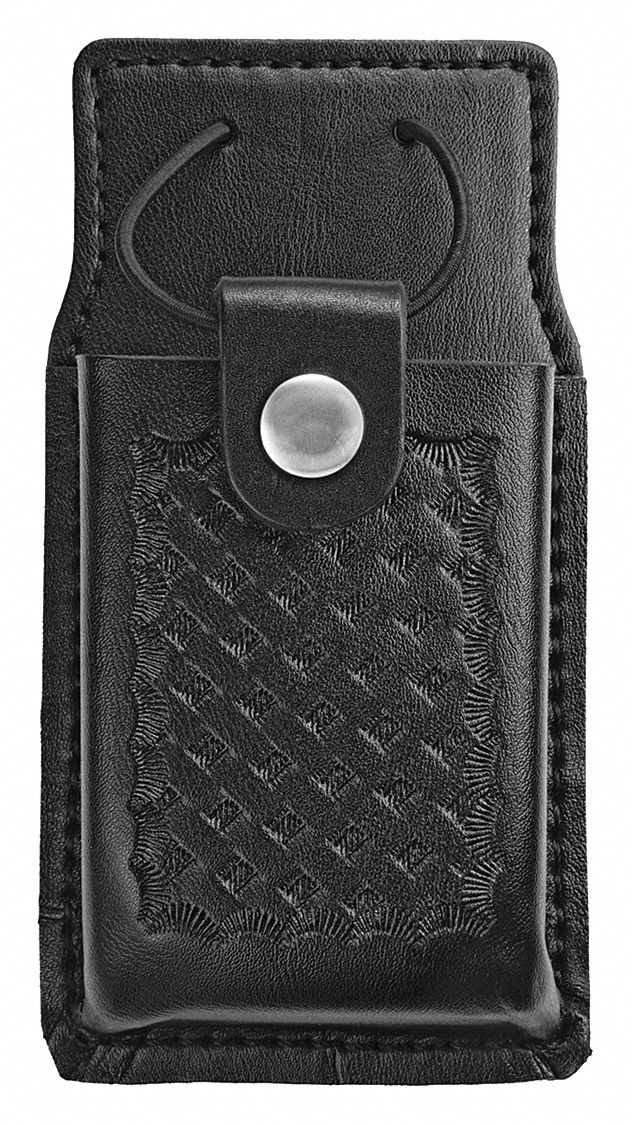 Radio Pouch: Black, Leather, Basket Weave, 6 1/2 in x 2 1/2 in, Snap Closure