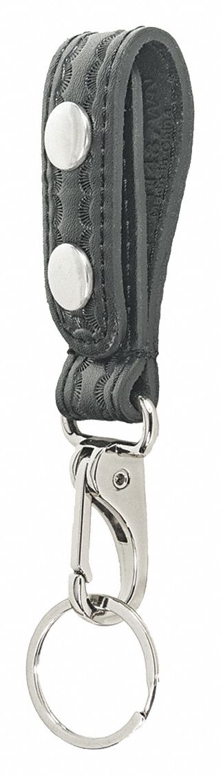 Key Holder: Black, Leather, Basket Weave, 6 1/4 in x 29 mm, Snap Closure