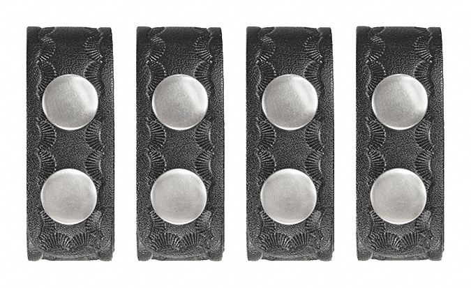 Belt Keeper: Universal, Basketweave Synthetic Leather, 1 in Wd, Black, Nickel Snap, 4 PK