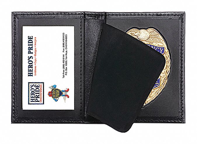 Badge Holder: 2 3/4 in x 2 3/4 in, Black, Leather