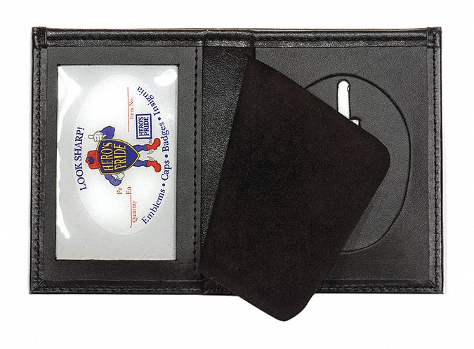 Badge Holder: 2 3/4 in x 2 3/4 in, Black, Leather