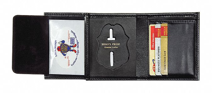 Badge Holder: 2 3/4 in x 2 3/4 in, Black, Leather