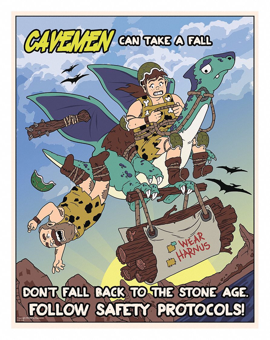 Safety Poster: 12 in x 16 in Nominal Sign Size, Clear Film Laminate, Caveman Safety Posters, English