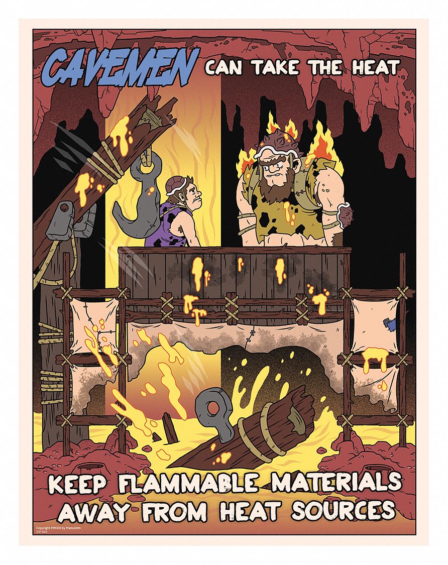 Safety Poster: 12 in x 16 in Nominal Sign Size, Clear Film Laminate, Caveman Safety Posters, English