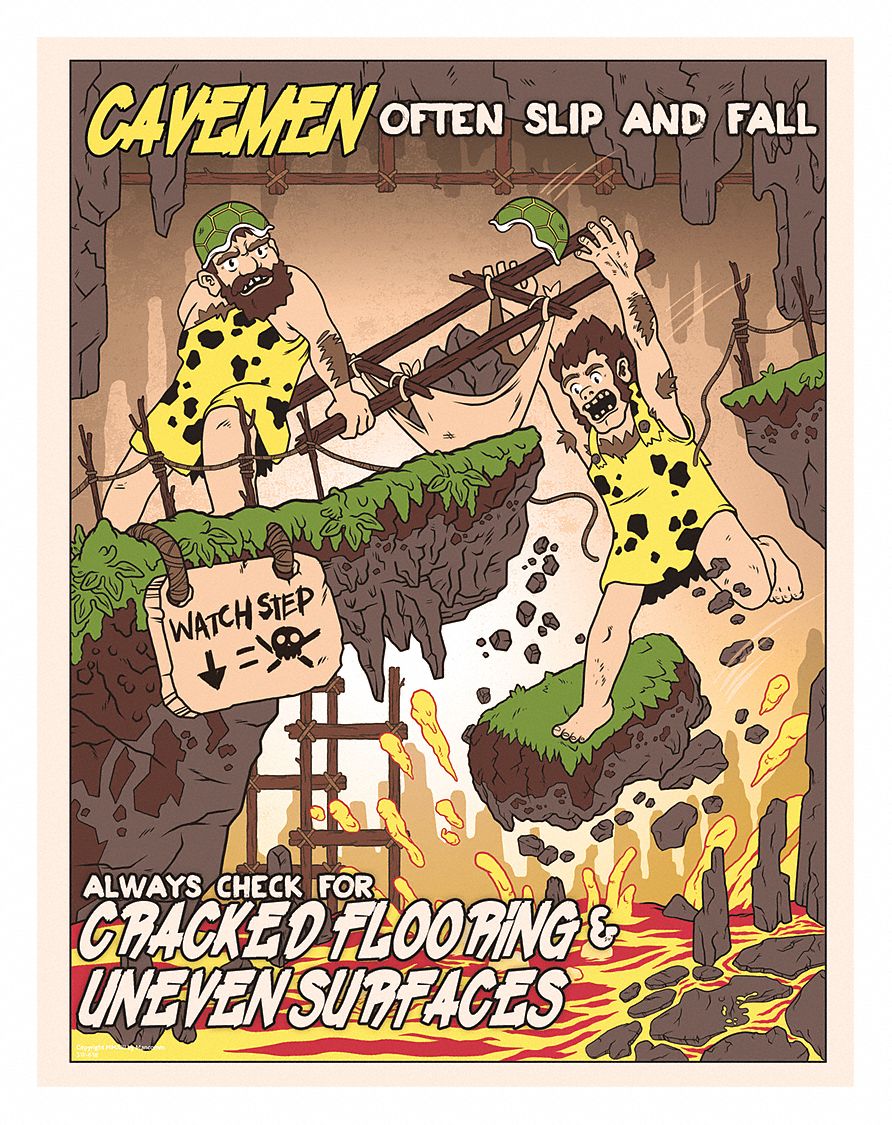 Safety Poster: 12 in x 16 in Nominal Sign Size, Clear Film Laminate, Caveman Safety Posters, English