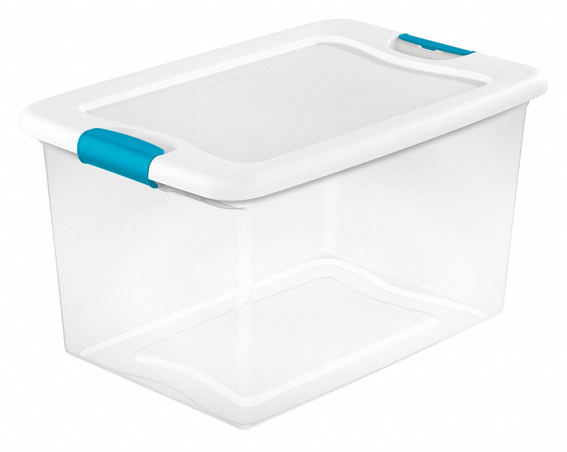 Storage Tote: 16 gal, 23 3/4 in x 16 in x 13 1/2 in, Clear Body, White Lid, 10 to 20 gal